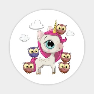 Cute little unicorn girl and owls with clouds and pink hair Magnet